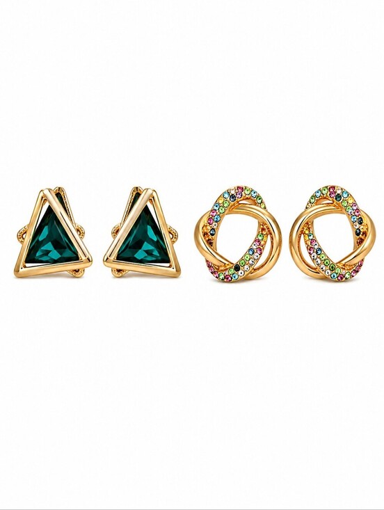 Jewelry - TWO Pairs Triangle Knot Rhinestone Goldtone Knot Post Earrings